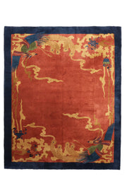 Vintage Chinese Art Deco rug, 114x94 inches (290x240 cm), featuring a vibrant red, beige, and blue color palette with bold geometric patterns and intricate detailing.